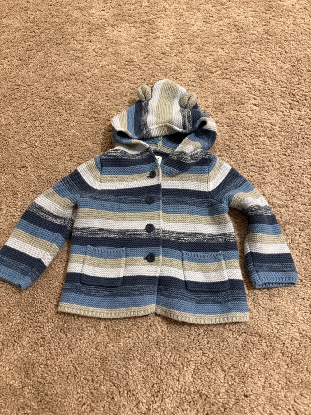 Baby GAP baby bear Hooded Striped Knit Cardigan - Blue, Cream, Tan, Navy